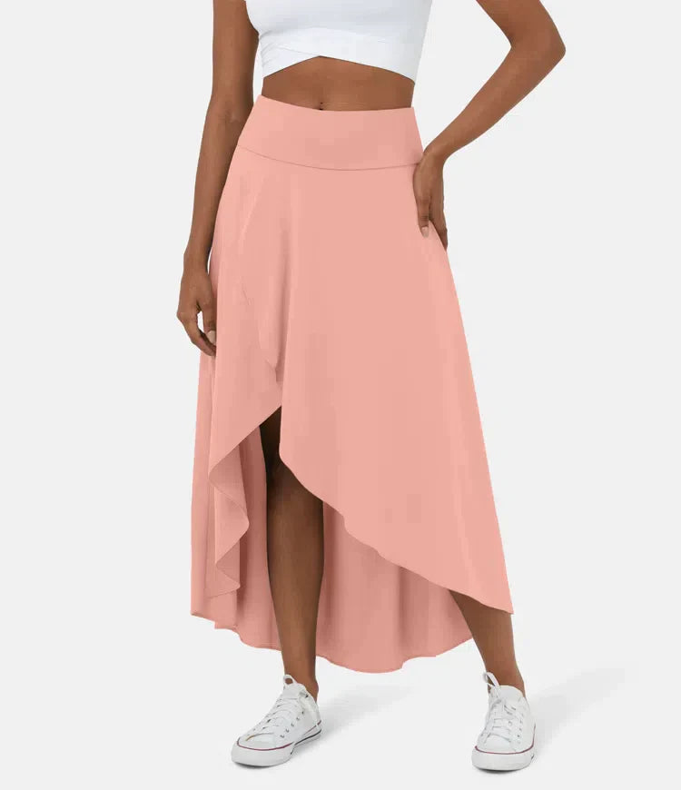Asymmetric Midi Skirt - Elegant High Waist Flowy Skirt for Women