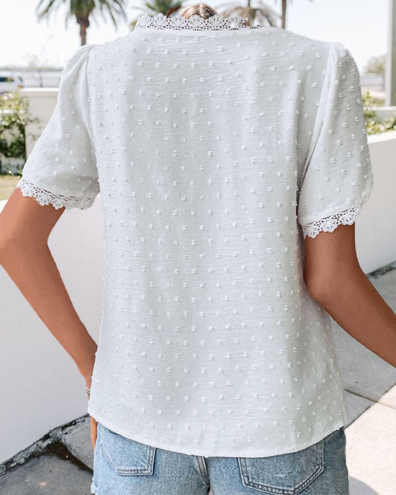 Lace Blouse - Women's V-Neck Short Sleeve Blouse with Elegant Lace Detail