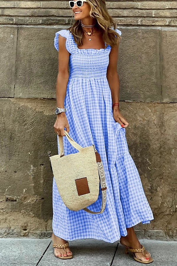 Checkered Maxi Dress - Smocked Bust Flowy Summer Dress with Adjustable Straps