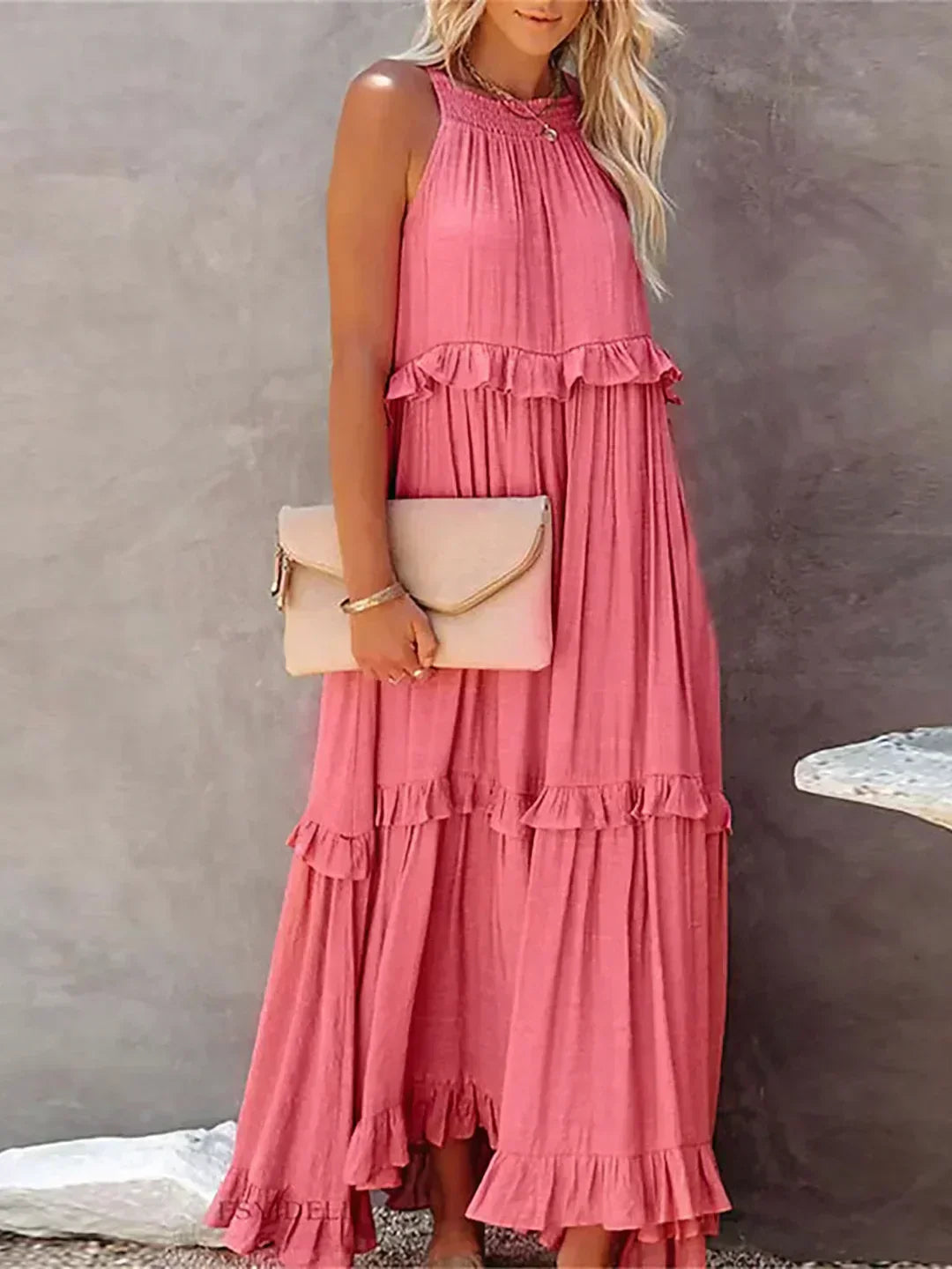 Halter Ruffle Maxi Dress – Elegant Bohemian Flowy Summer Dress With Ruffle Hem