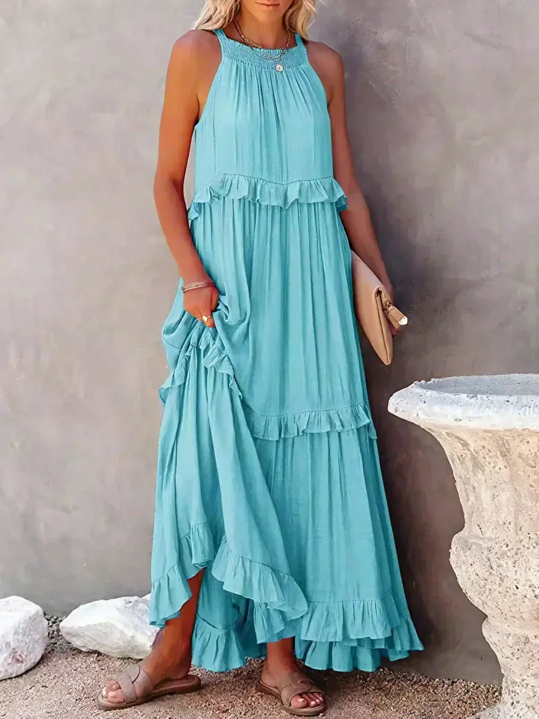 Halter Ruffle Maxi Dress – Elegant Bohemian Flowy Summer Dress With Ruffle Hem