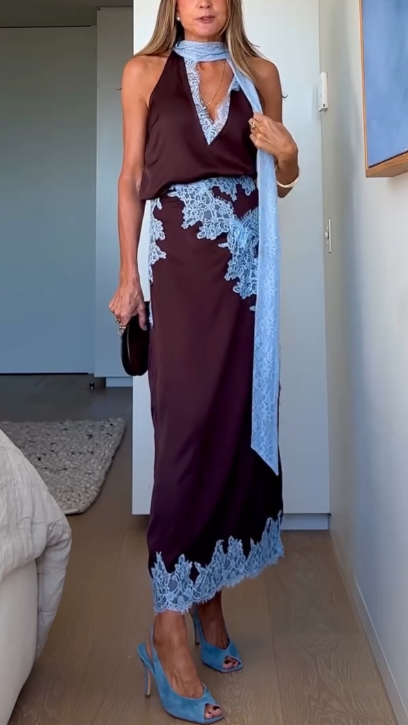 Lace Panel Top Skirt Set – Elegant Two Piece Outfit With Premium Lace Fabric