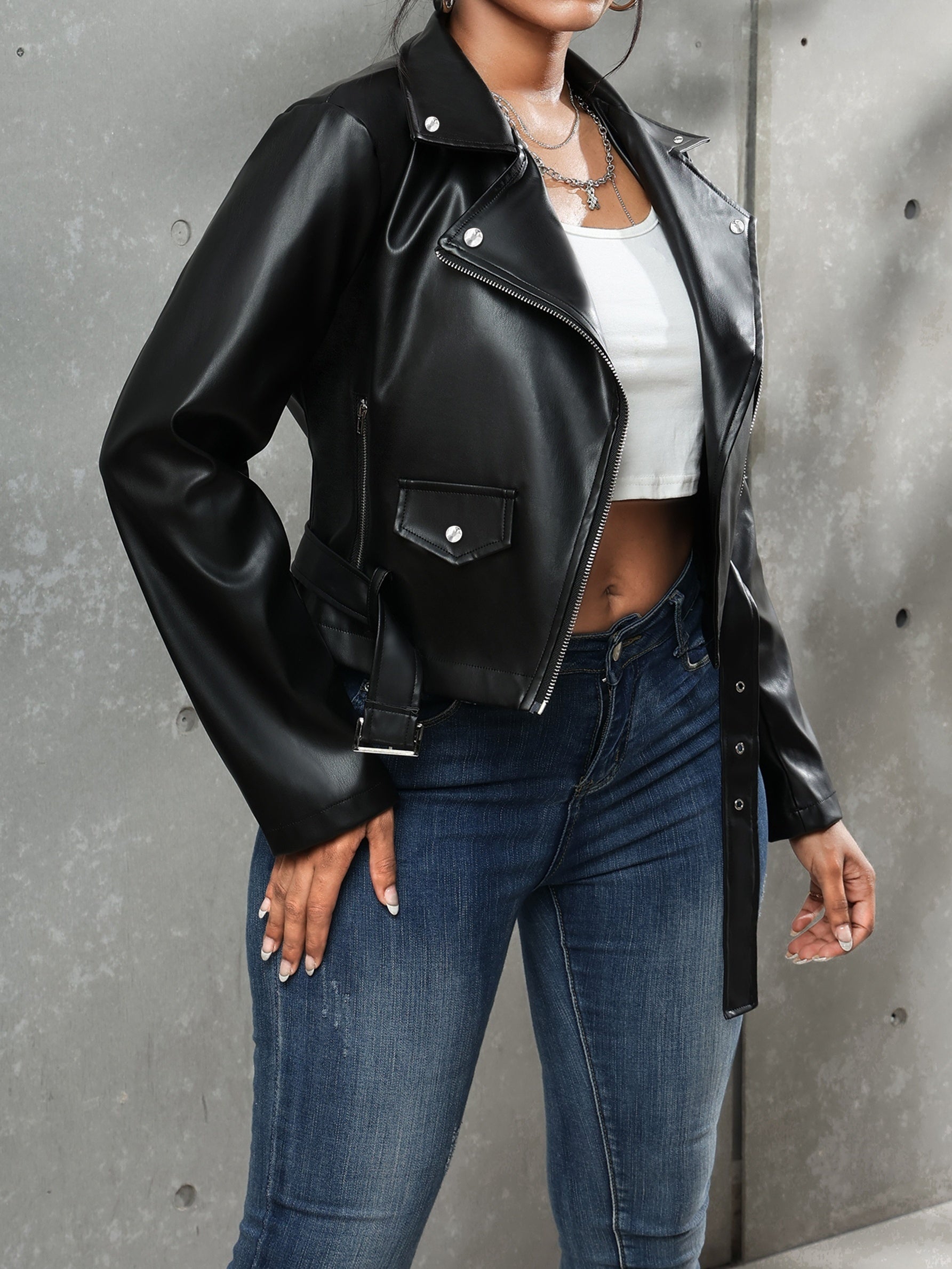 Biker Jacket | Women's Leather Motorcycle Jacket With Adjustable Belt & Silver Hardware