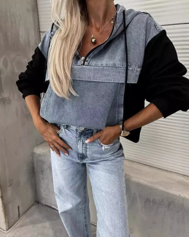Jeans Sweater Hoodie - Cropped Relaxed Fit With Denim Panel & Adjustable Hem