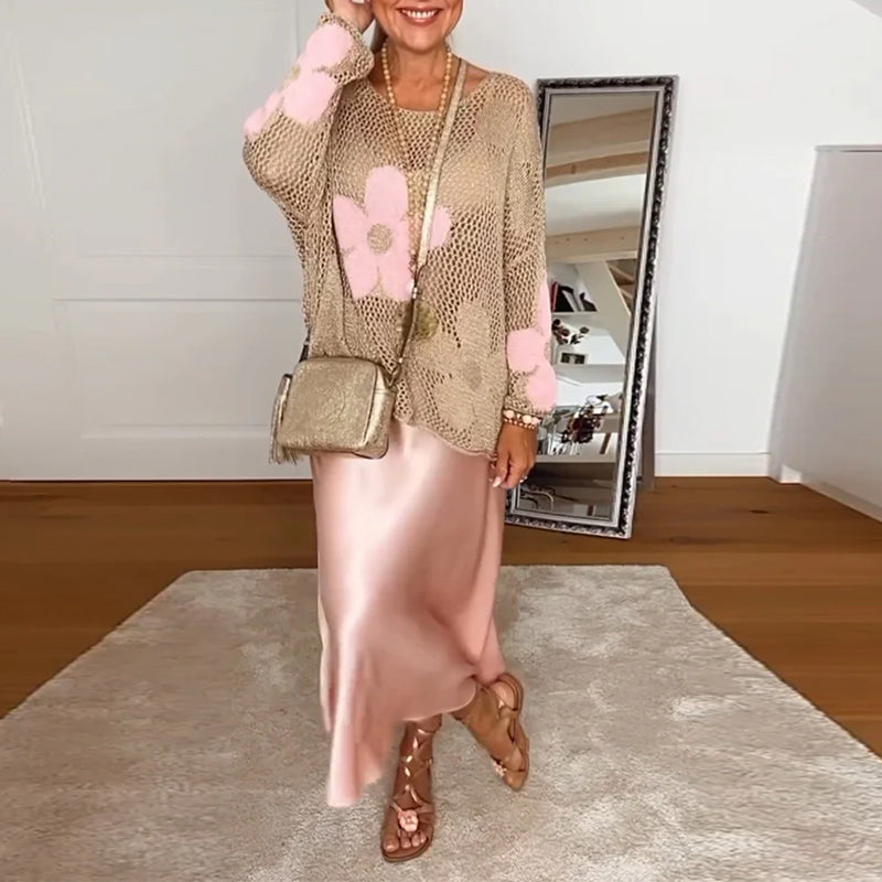 Floral Knit Sweater – Classic Fit Women's Cozy Knitwear With Elegant Floral Design