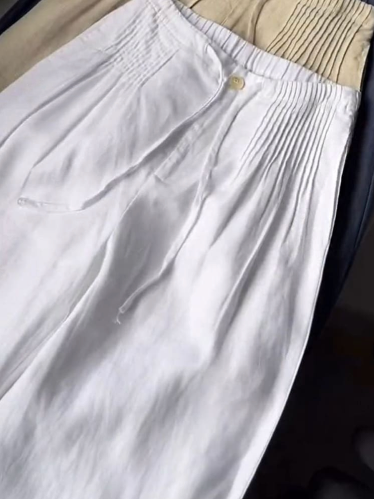 Linen Wide Leg Pants – Pleated Drawstring Waist, Comfortable Summer Casual Wear