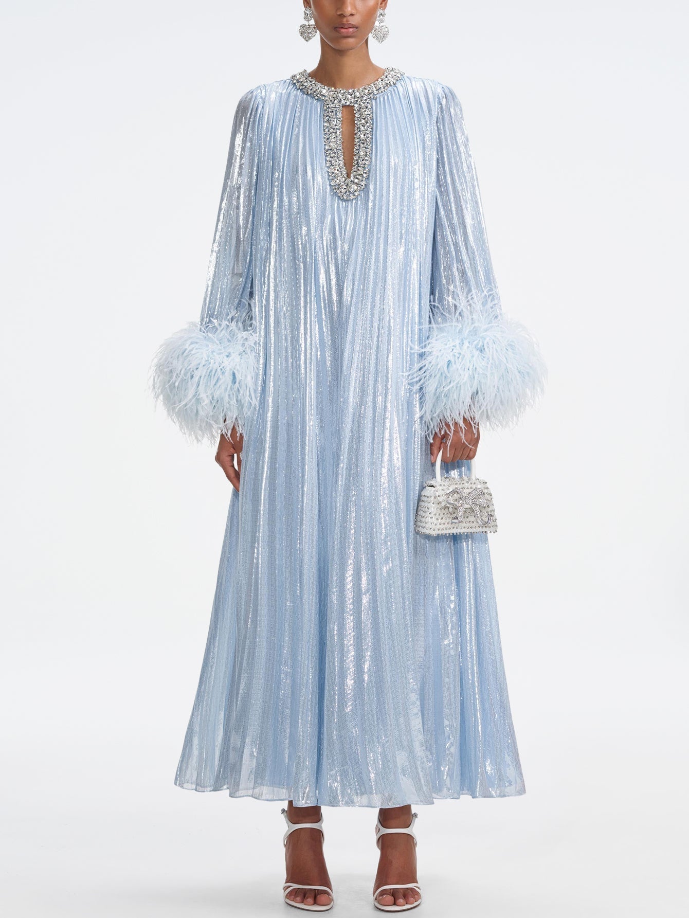 Feather Embellished Evening Gown – Satin Maxi Dress With Crystal Accents