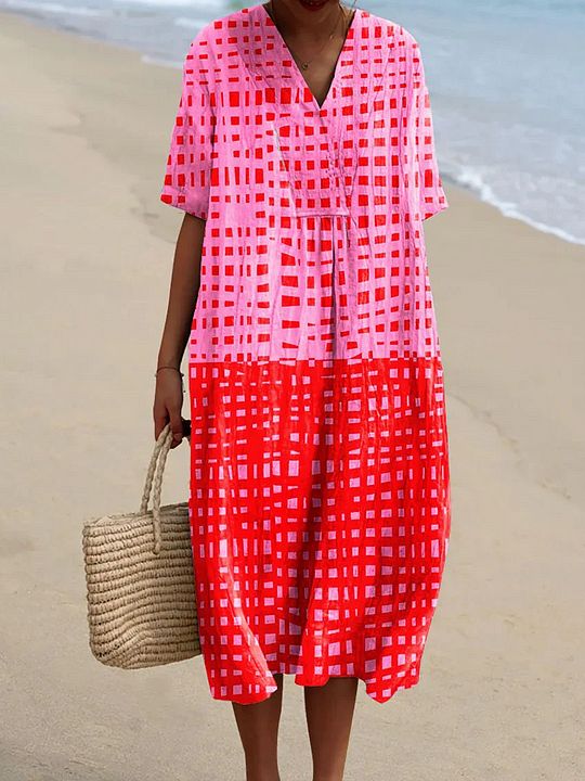 Abstract Geometric Stripe Dress - Lightweight Cotton Linen Dress With Flowing Fit