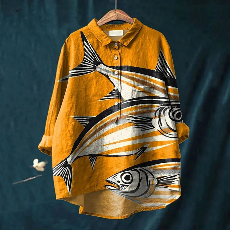 Fish Art Shirt – Artistic Print Long Sleeve Casual Top With Breathable Fabric