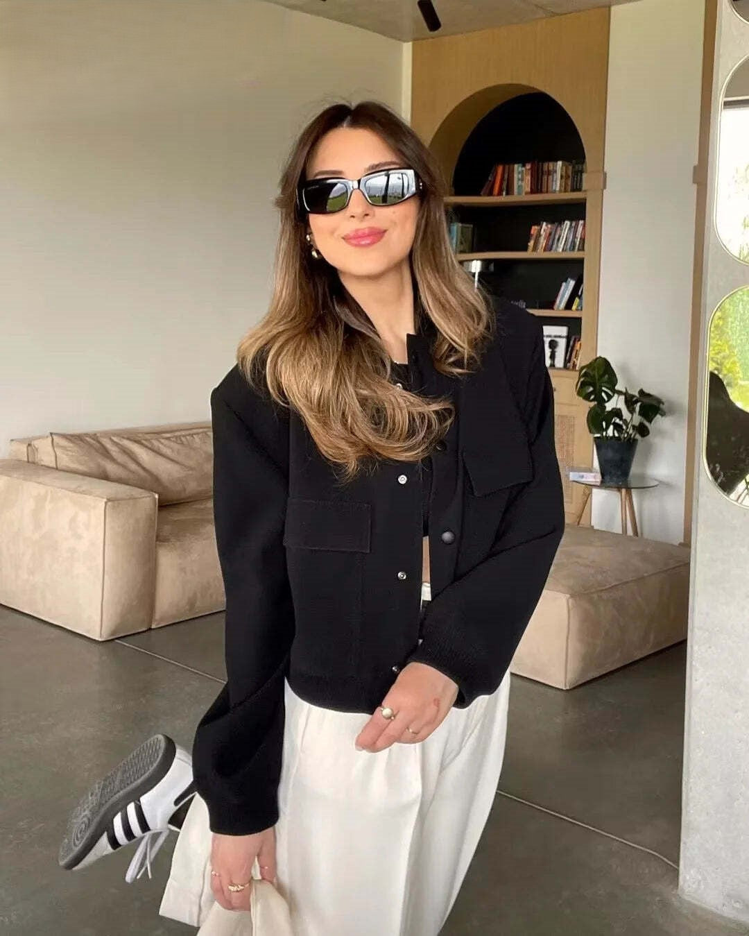 Crop Bomber Jacket - Long Sleeve Button Front Crop Jacket for Women