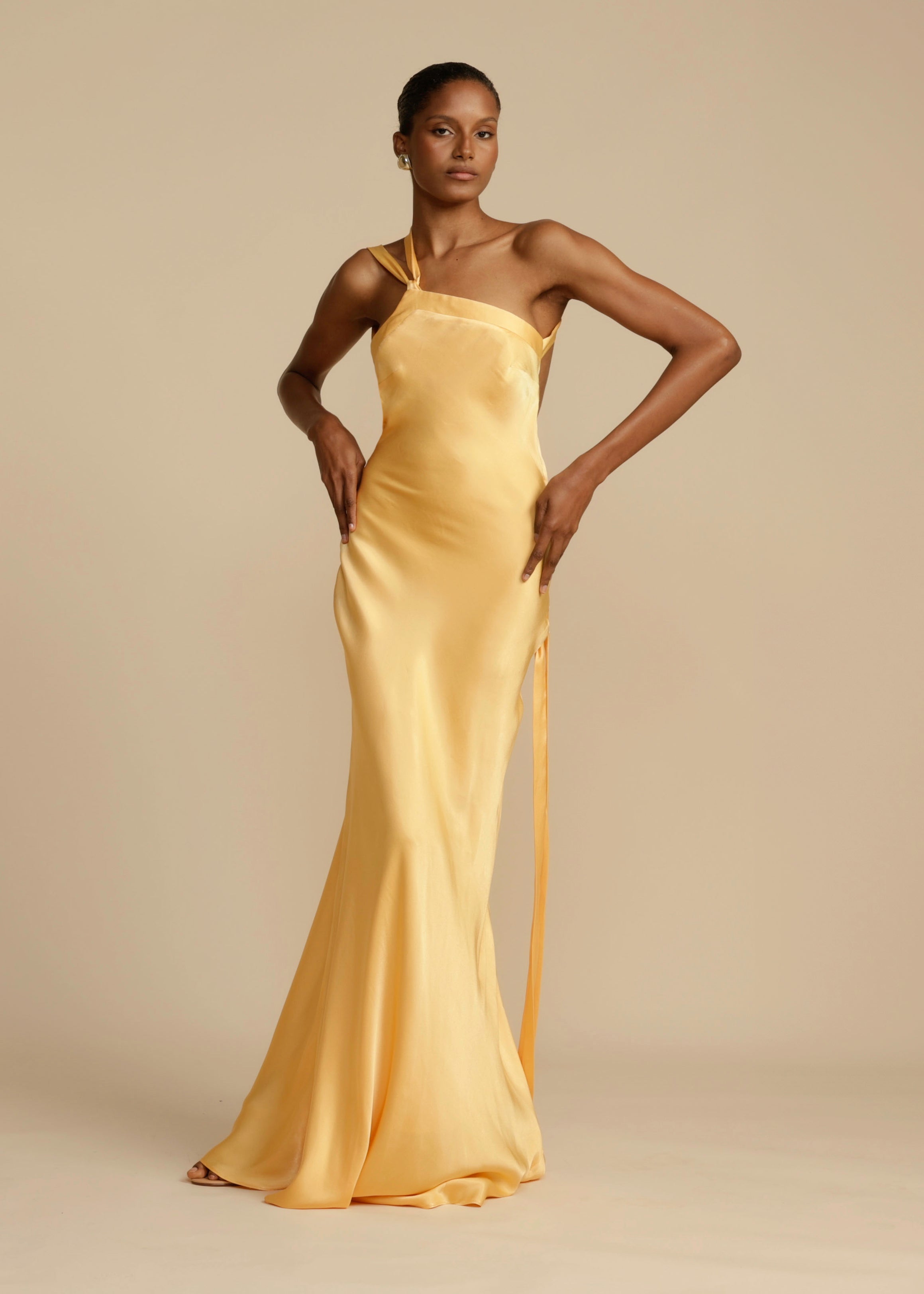 Maxi Dress | Golden One Shoulder Dress With Open Back & Adjustable Strap