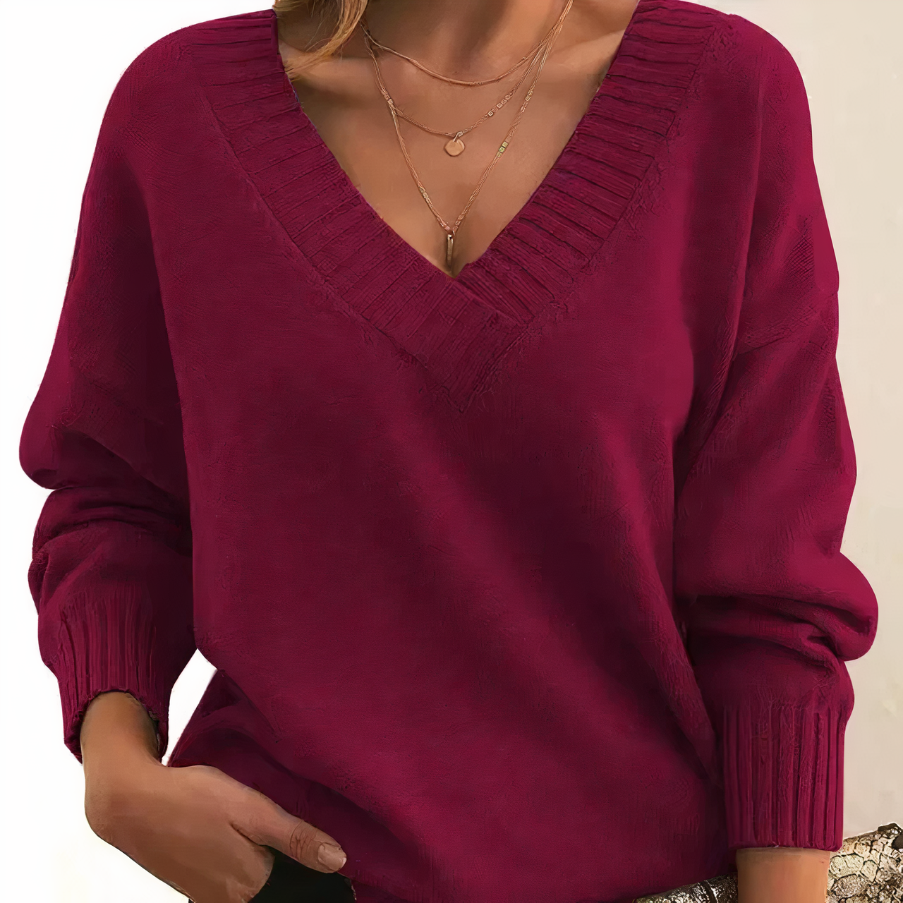 Deep V-Neck Sweater - Relaxed Fit Ribbed Knit Pullover for Women’s Casual Elegance