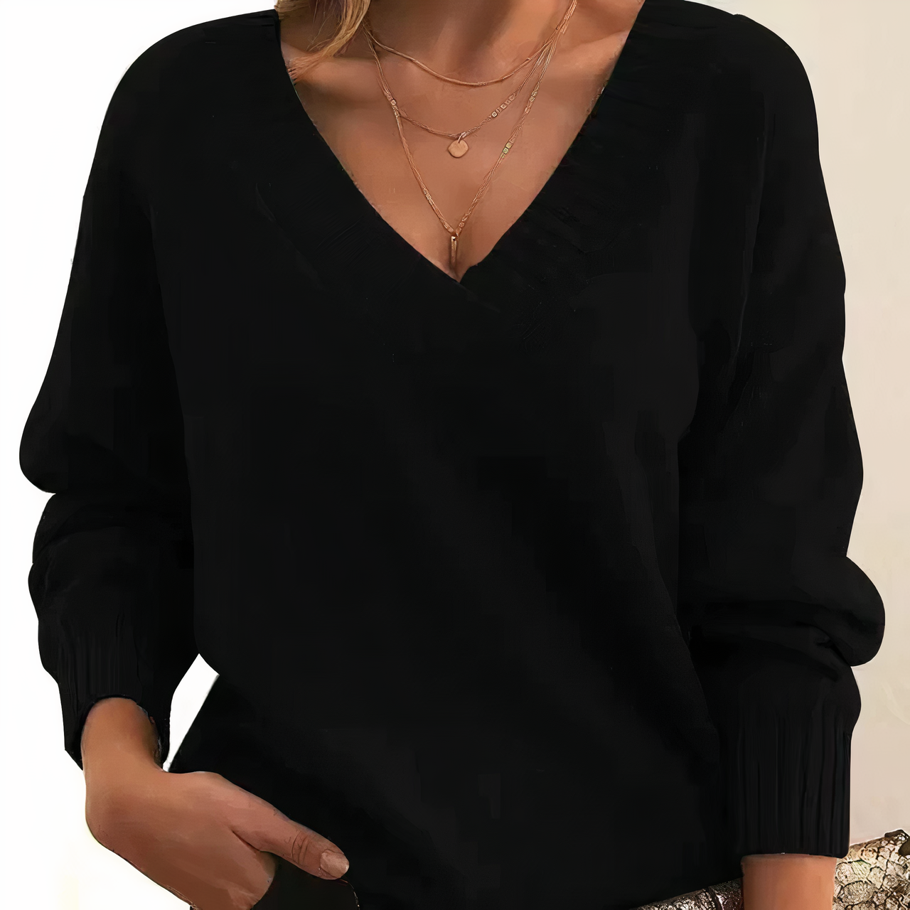 Deep V-Neck Sweater - Relaxed Fit Ribbed Knit Pullover for Women’s Casual Elegance