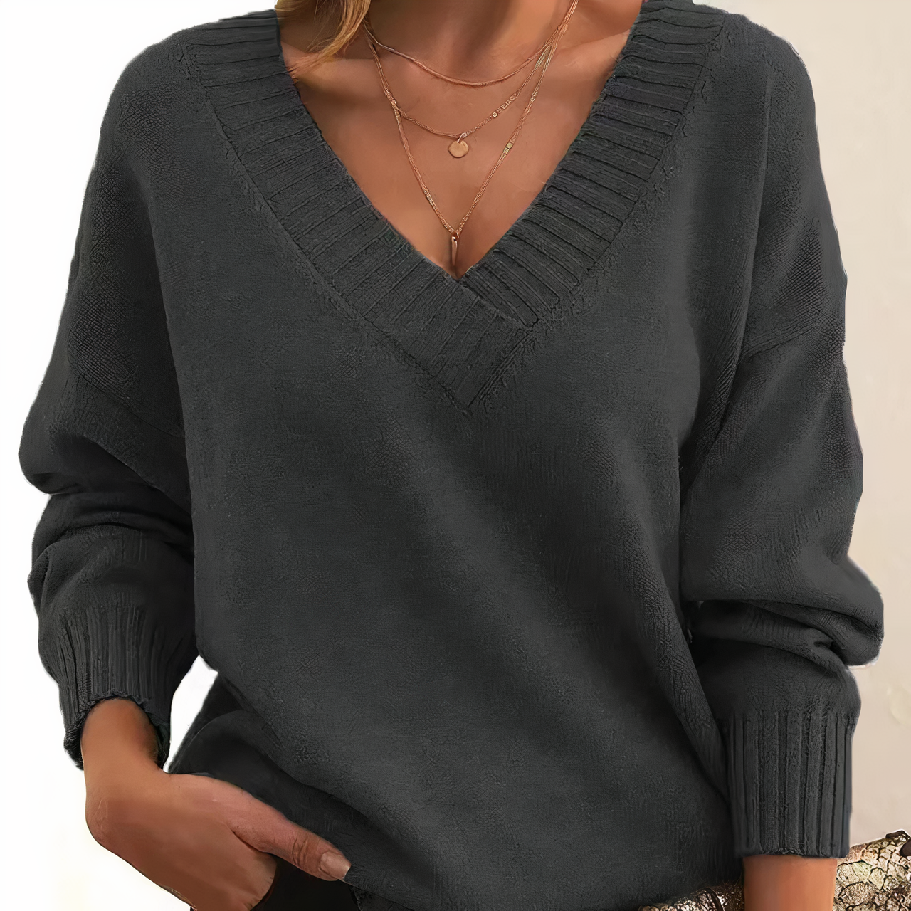 Deep V-Neck Sweater - Relaxed Fit Ribbed Knit Pullover for Women’s Casual Elegance