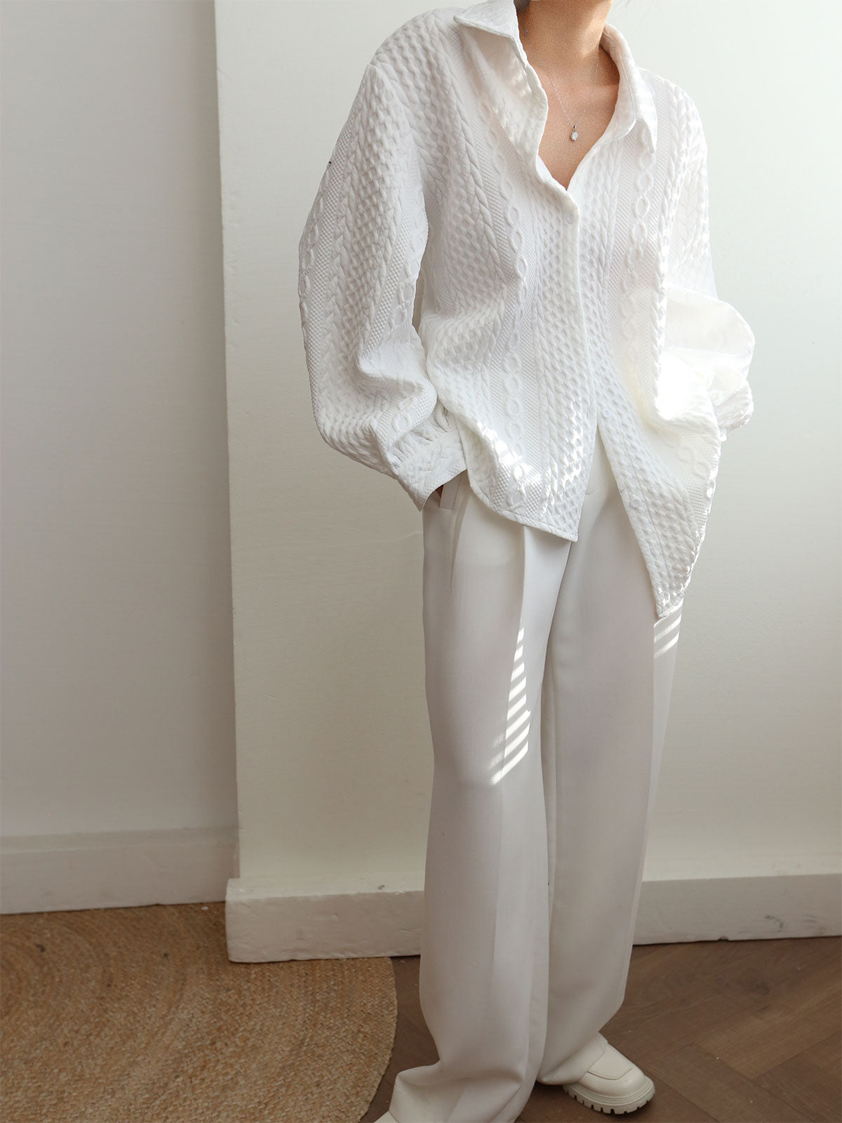 Cable Knit Shirt - Oversized Warm Casual Shirt With Polo Neckline | Women's Knitwear