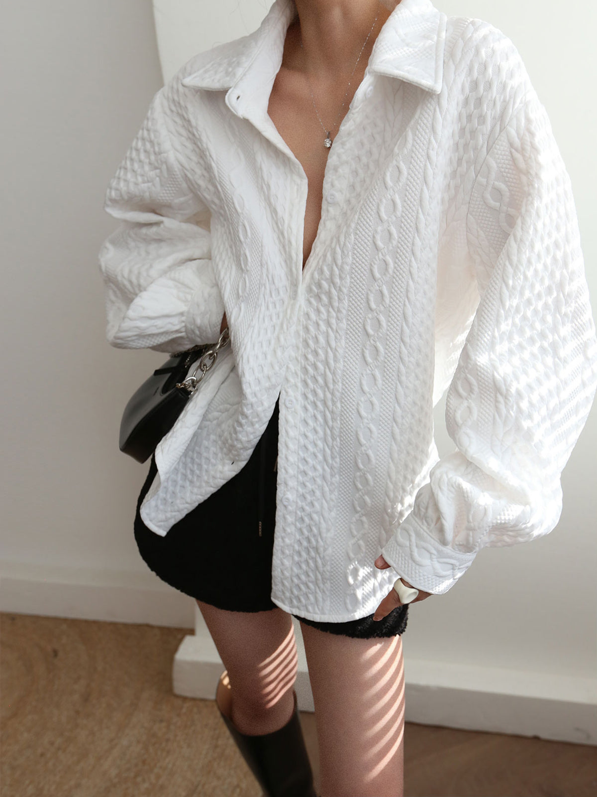 Cable Knit Shirt - Oversized Warm Casual Shirt With Polo Neckline | Women's Knitwear