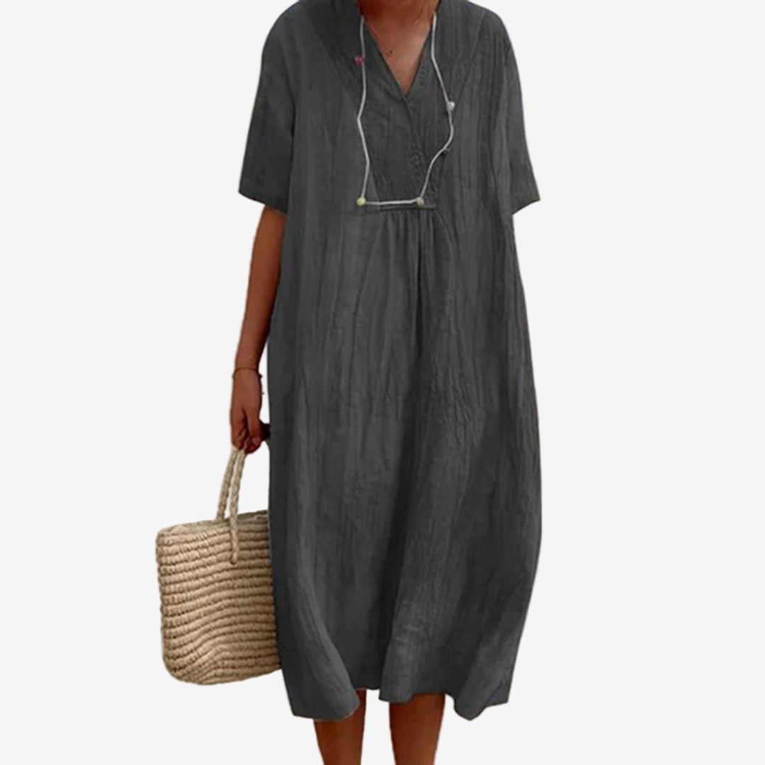 V-Neck Midi Dress – Elegant Flowing Women's Dress for Office & Evening Events