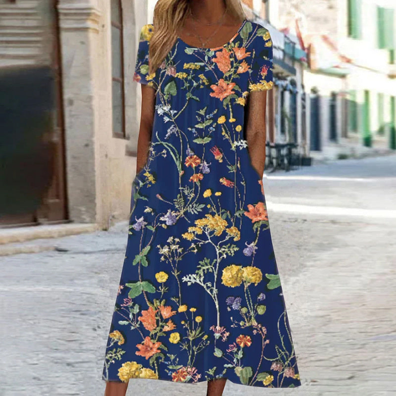 Boho Floral Dress - Lightweight A-Line Midi Length With Tummy Cover