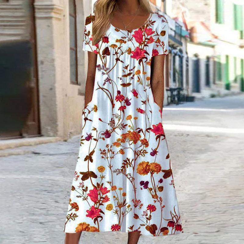 Boho Floral Dress - Lightweight A-Line Midi Length With Tummy Cover