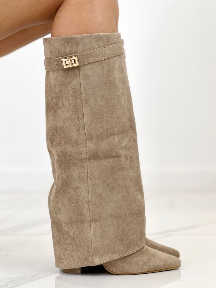 Khaki Suede Boots – Knee High Fold Over Stylish Fall Footwear by Liora's Boutique