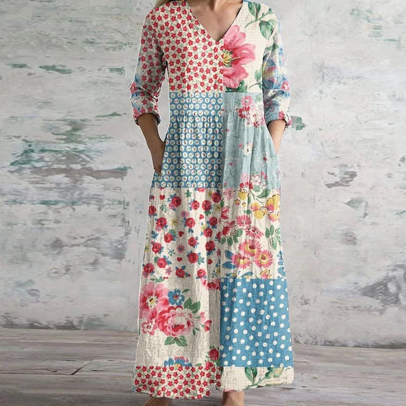 Retro Maxi Dress - Elegant Cotton Blend Long Dress With Vintage Style