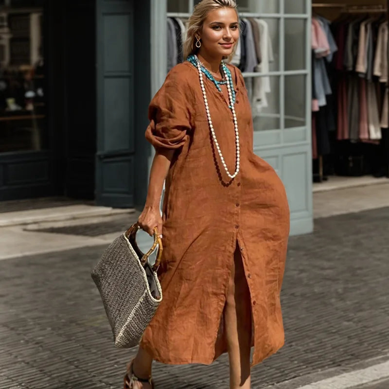 Cotton Linen Dress - Loose Fit Button Front Summer Linen Dress With Breathable Fabric