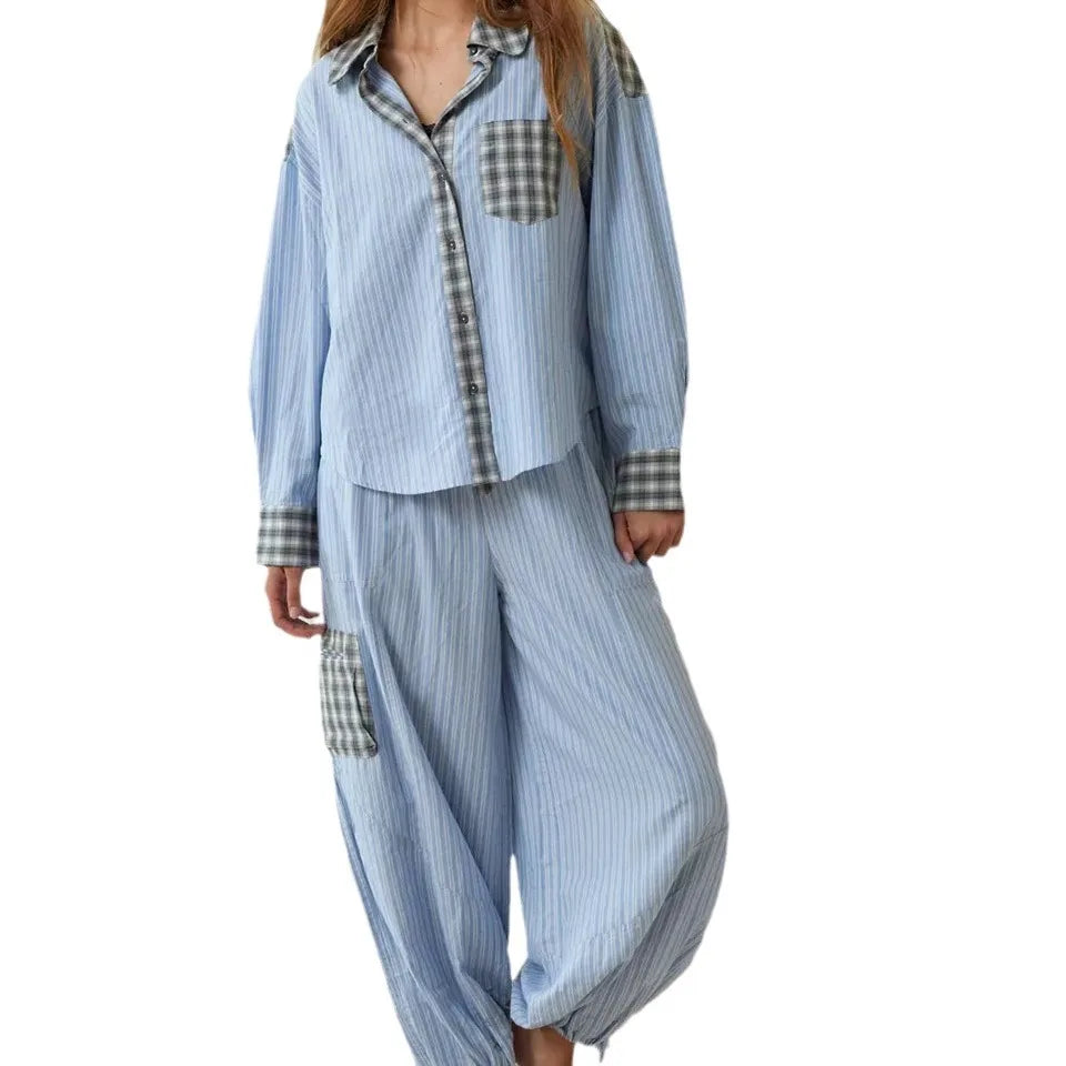 Conjunto de Pijamas de Mujer con Blusa a Cuadros y Pantalones Sueltos – Ropa de Dormir Cómoda para Invierno