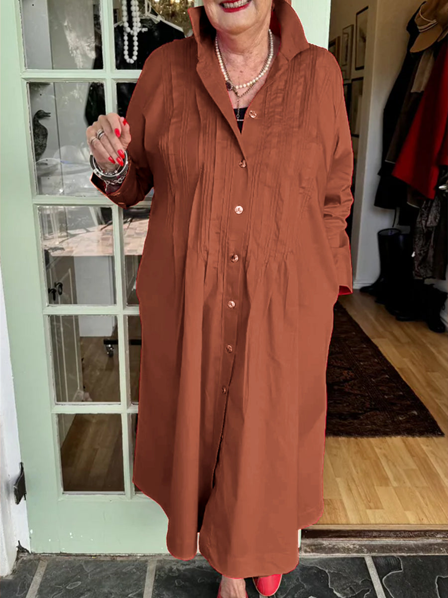 Accordion Pleated Dress - Cotton Linen Shirt Collar, Lightweight Summer Casual