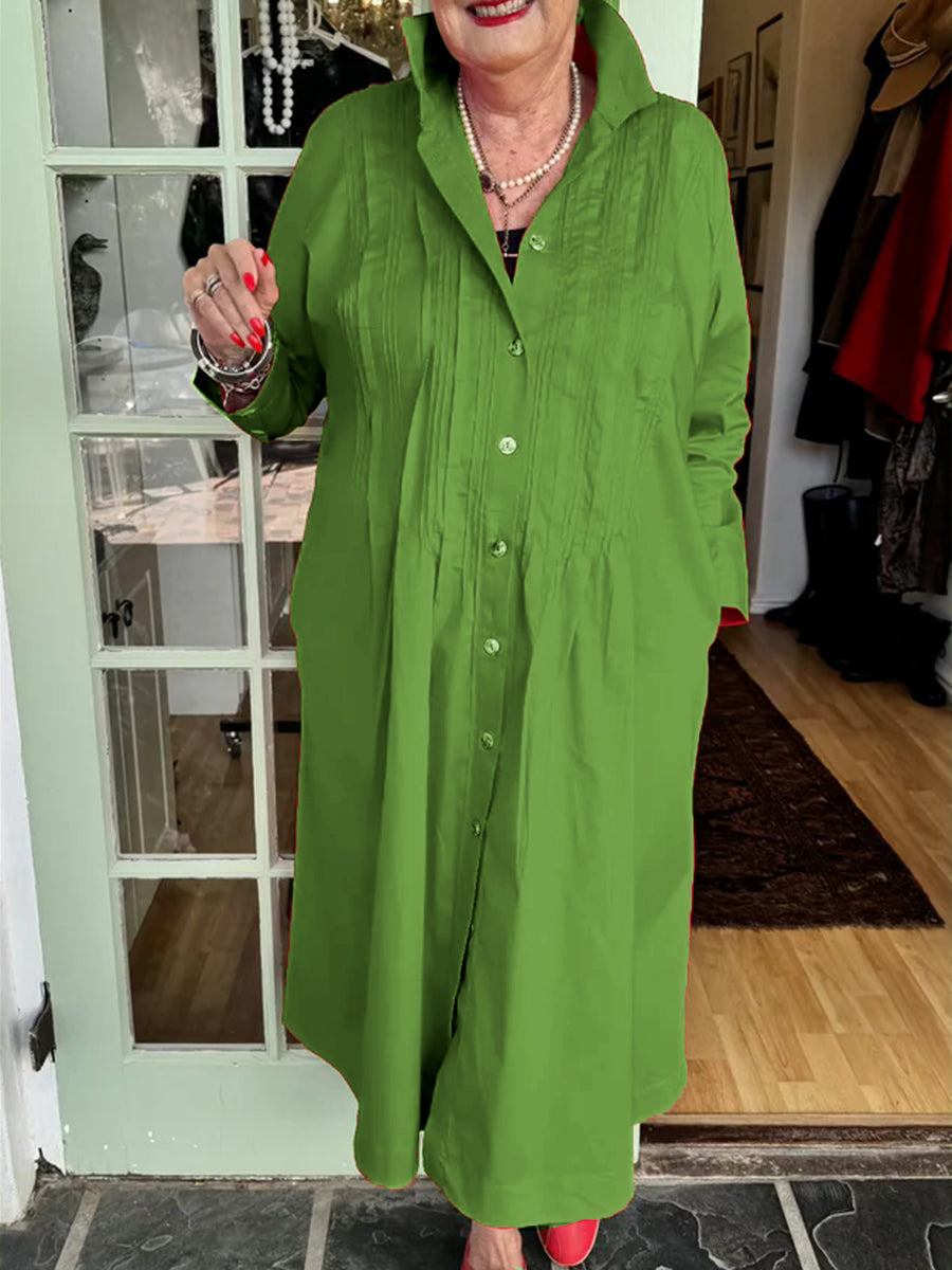 Accordion Pleated Dress - Cotton Linen Shirt Collar, Lightweight Summer Casual