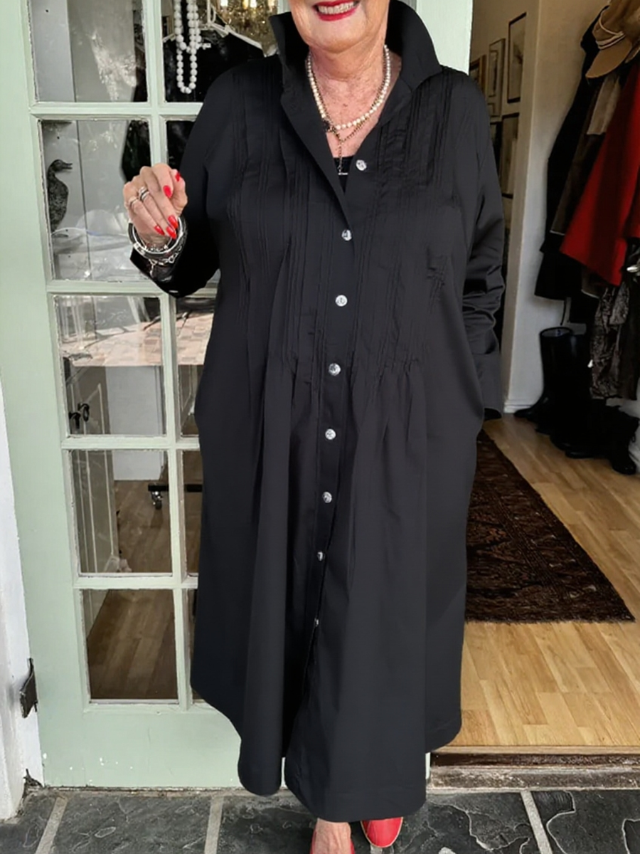 Accordion Pleated Dress - Cotton Linen Shirt Collar, Lightweight Summer Casual