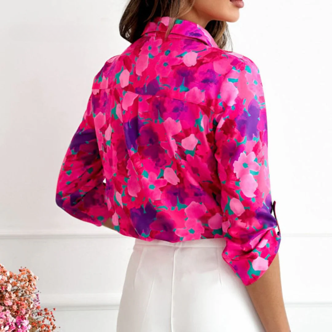 Hot Pink Blouse – Floral Print Casual Women's Top with Pocket & Button Detail
