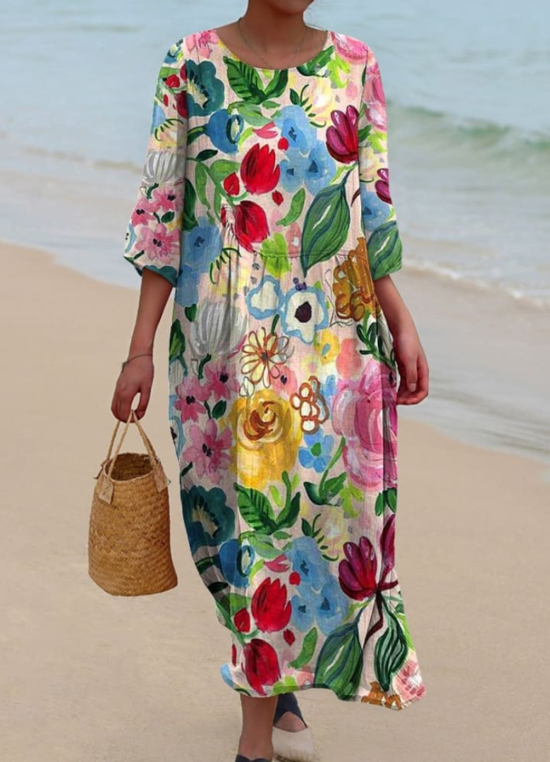 Vibrant Floral Dress - Knee Length, Short Sleeve, Lightweight Summer Style