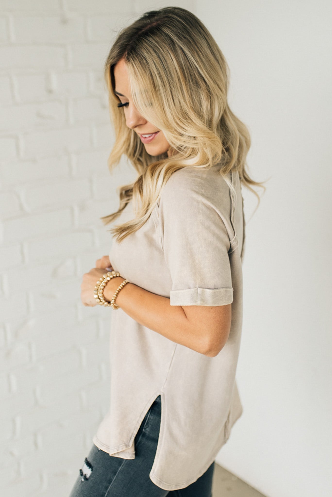 French Terry Top – Lightweight Acid Wash Shirt With Raglan Sleeve & Raw Edge Fashion