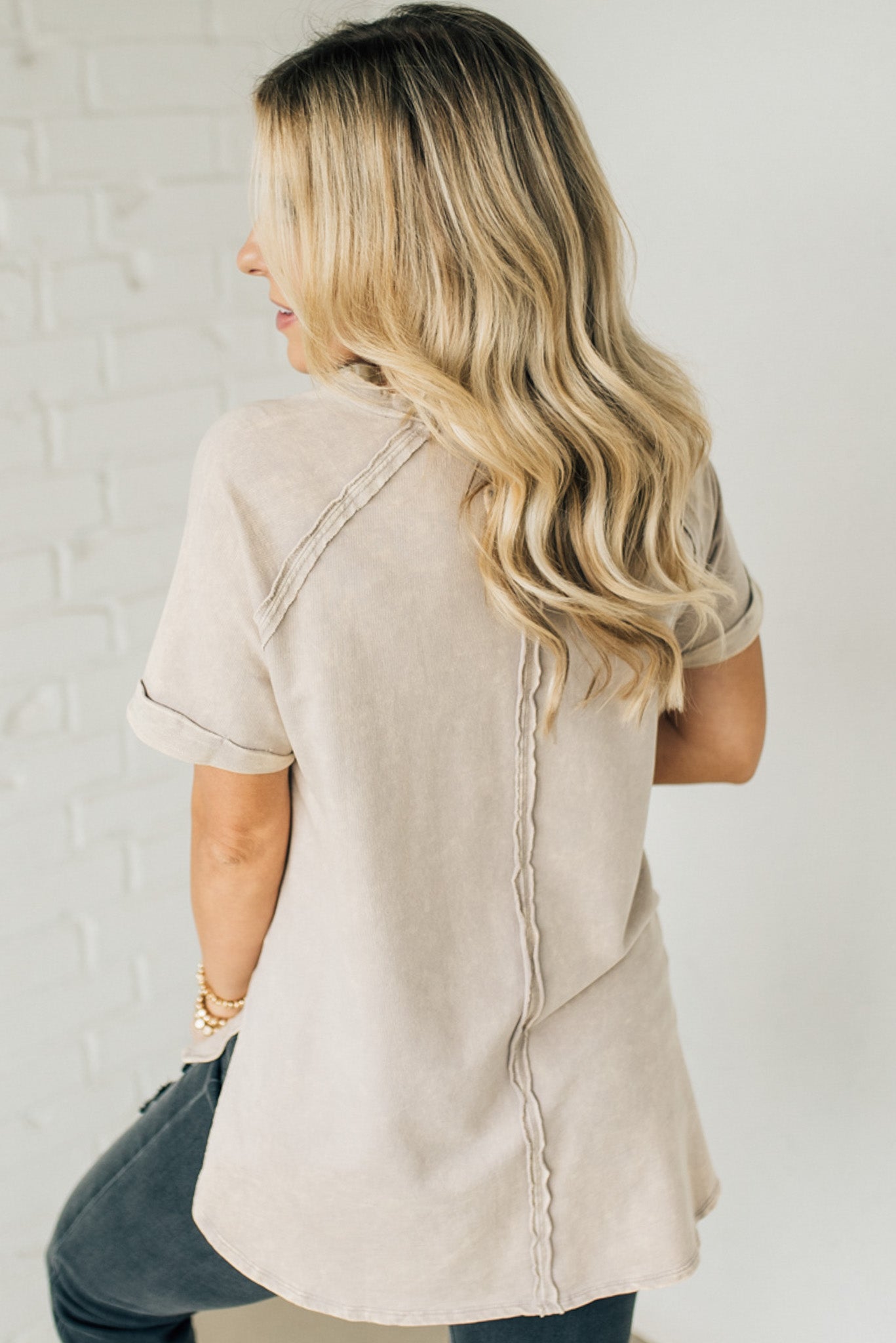 French Terry Top – Lightweight Acid Wash Shirt With Raglan Sleeve & Raw Edge Fashion