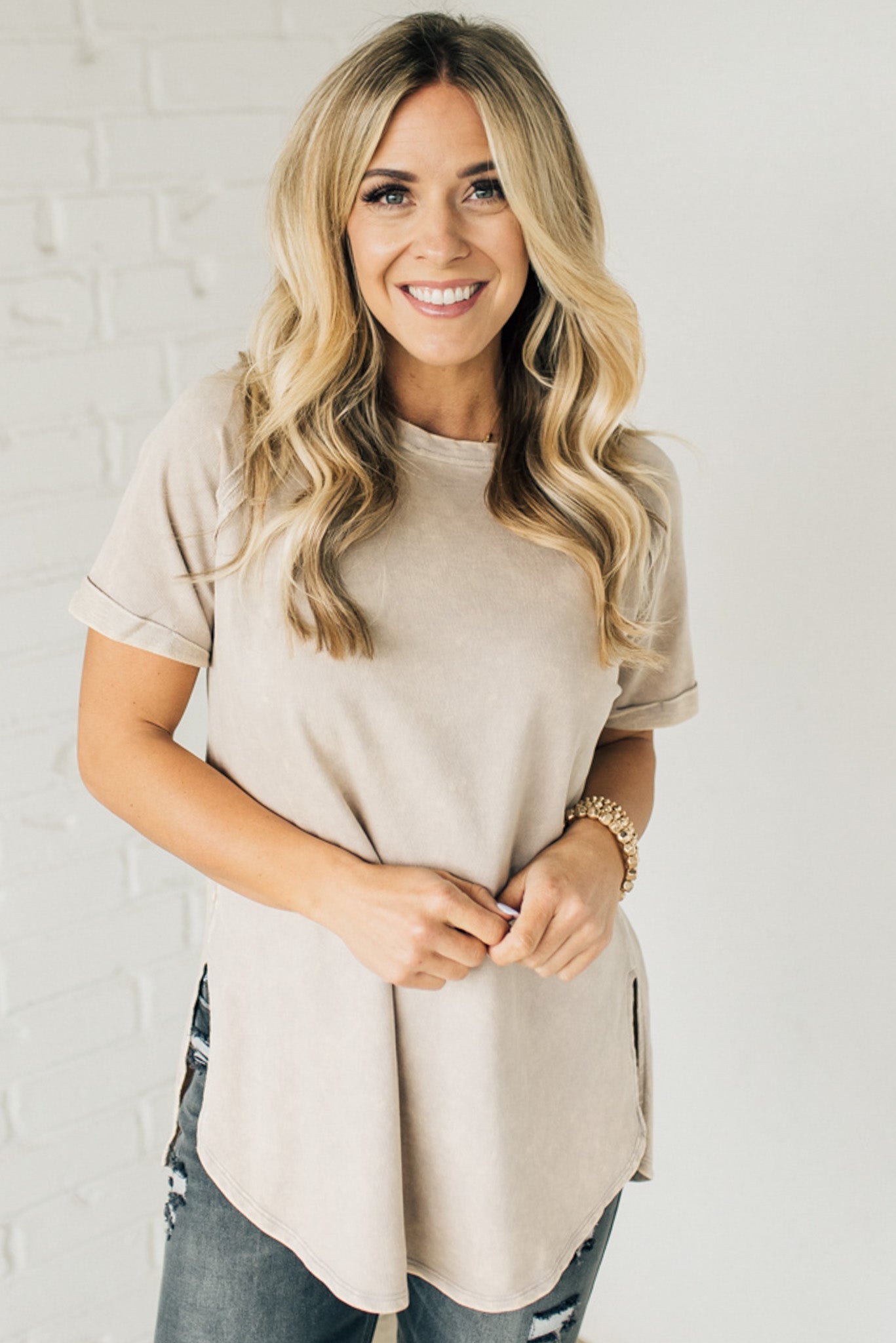 French Terry Top – Lightweight Acid Wash Shirt With Raglan Sleeve & Raw Edge Fashion