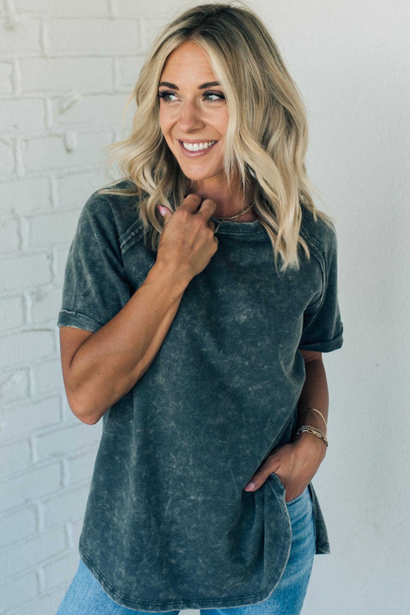 French Terry Top – Lightweight Acid Wash Shirt With Raglan Sleeve & Raw Edge Fashion