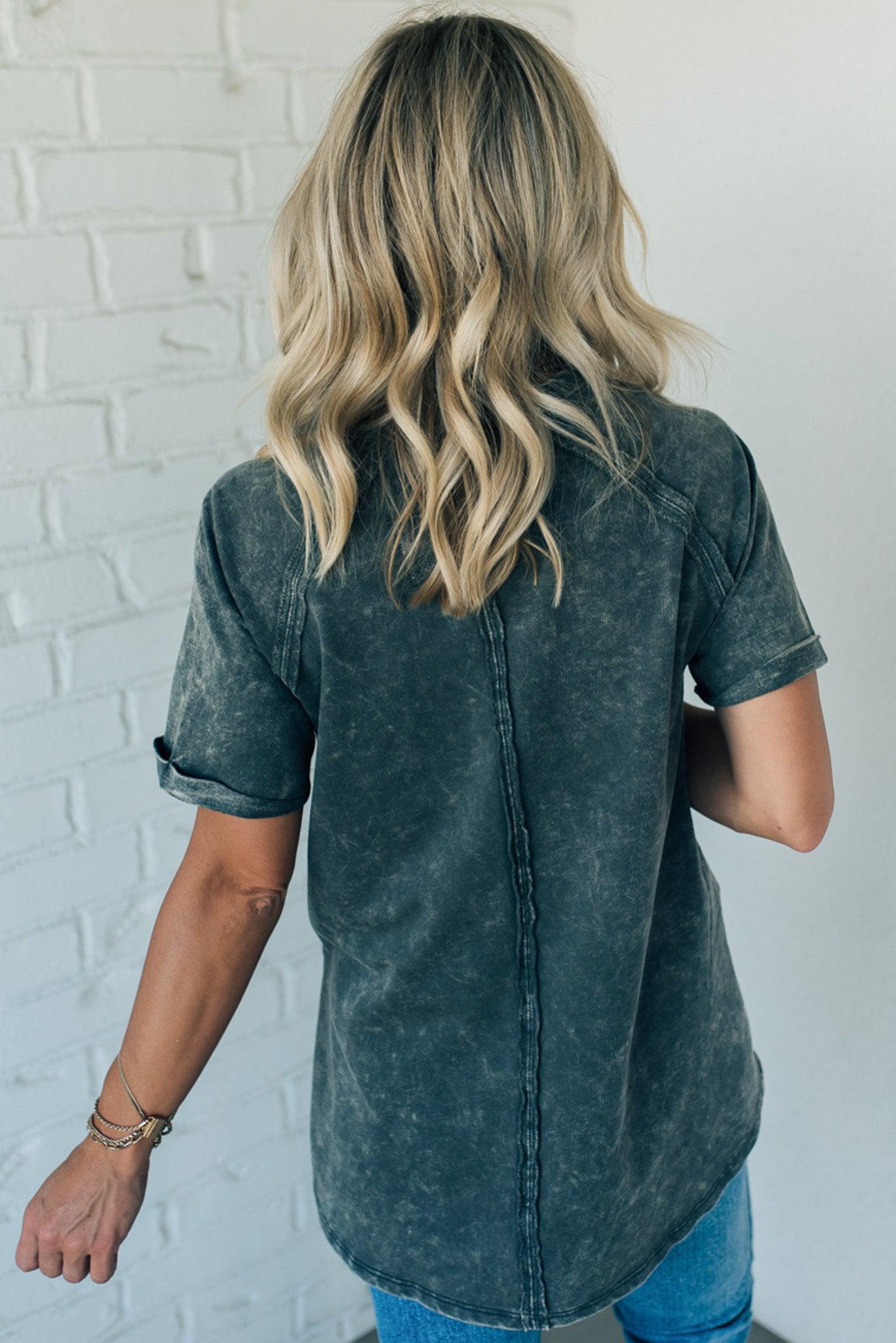 French Terry Top – Lightweight Acid Wash Shirt With Raglan Sleeve & Raw Edge Fashion