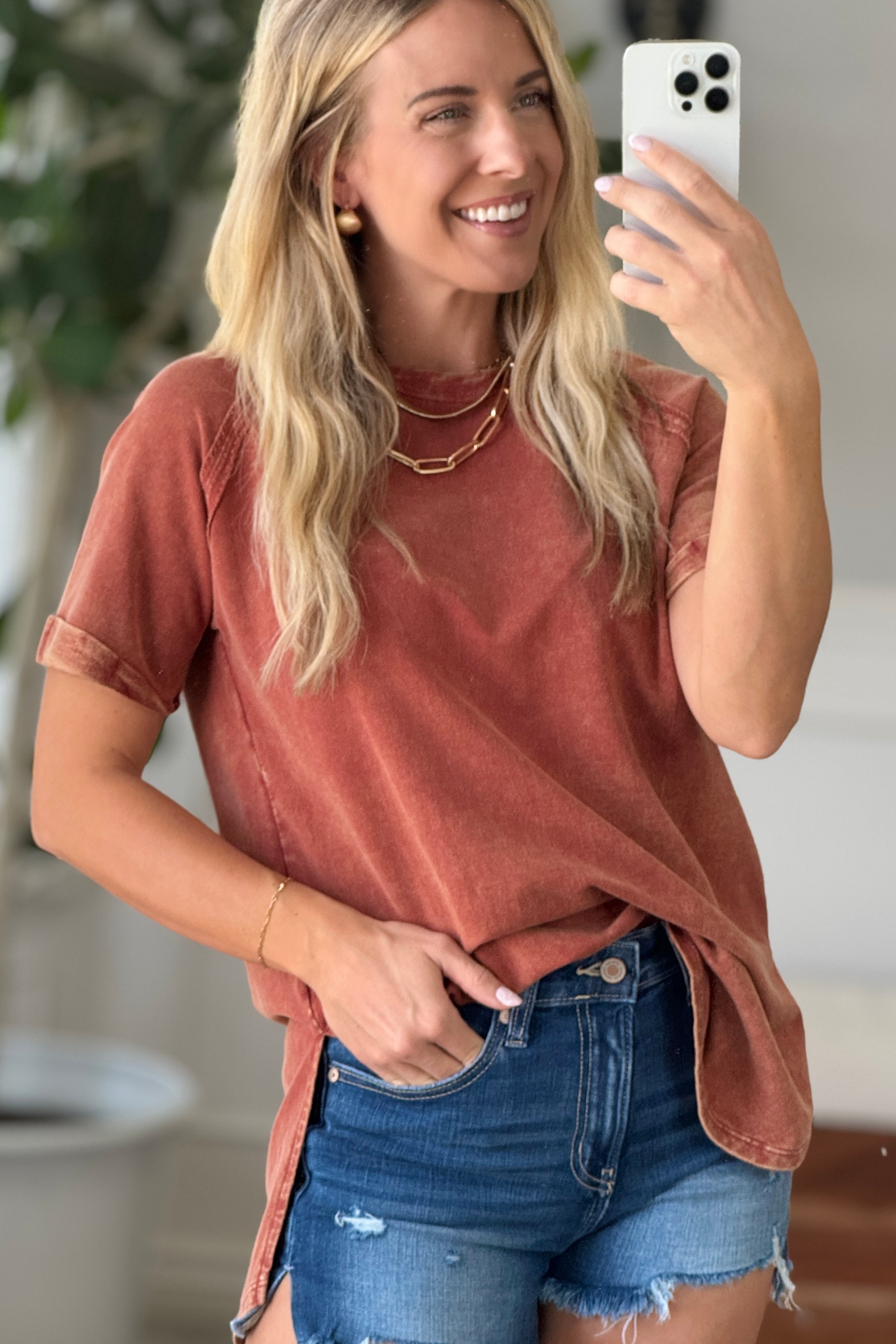 French Terry Top – Lightweight Acid Wash Shirt With Raglan Sleeve & Raw Edge Fashion