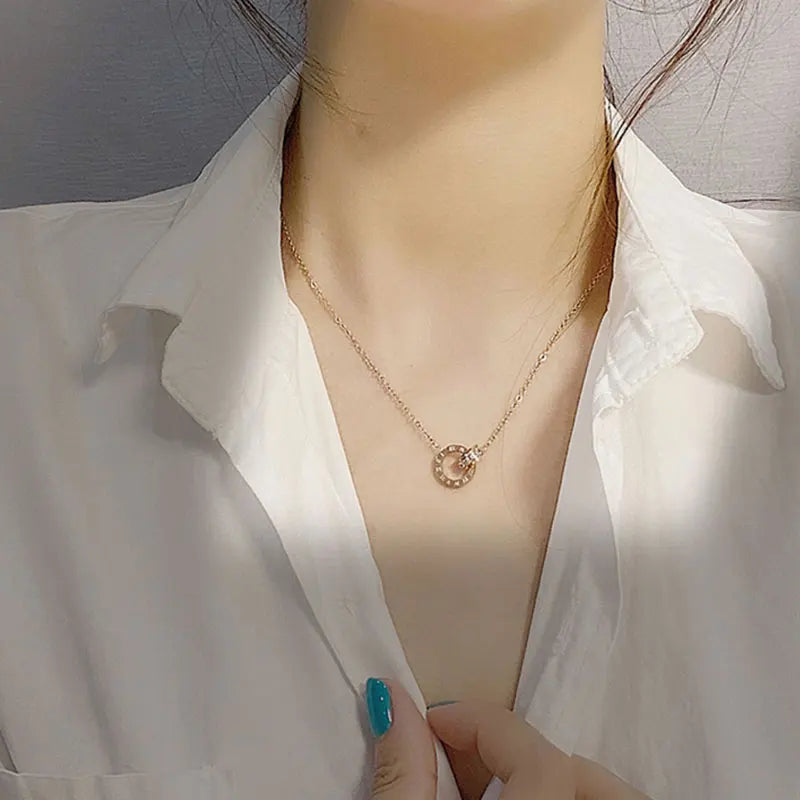 Roman Numeral Necklace – Elegant Charm Necklace with Double Ring Detail