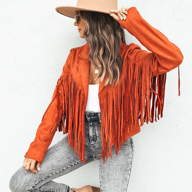 Suede Fringed Jacket – Women's Boho Chic Coat With Tassel Detail