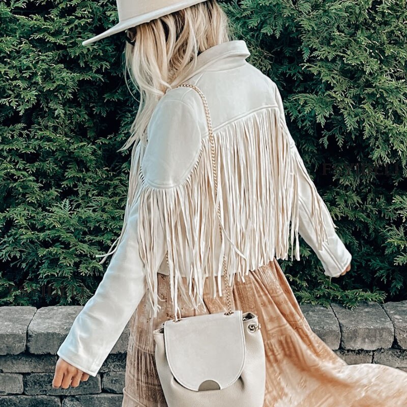 Suede Fringed Jacket – Women's Boho Chic Coat With Tassel Detail
