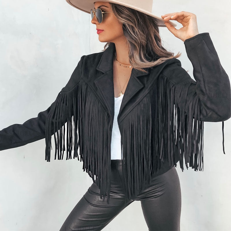 Suede Fringed Jacket – Women's Boho Chic Coat With Tassel Detail