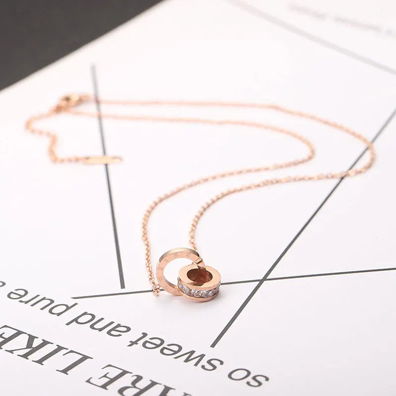 Roman Numeral Necklace – Elegant Charm Necklace with Double Ring Detail