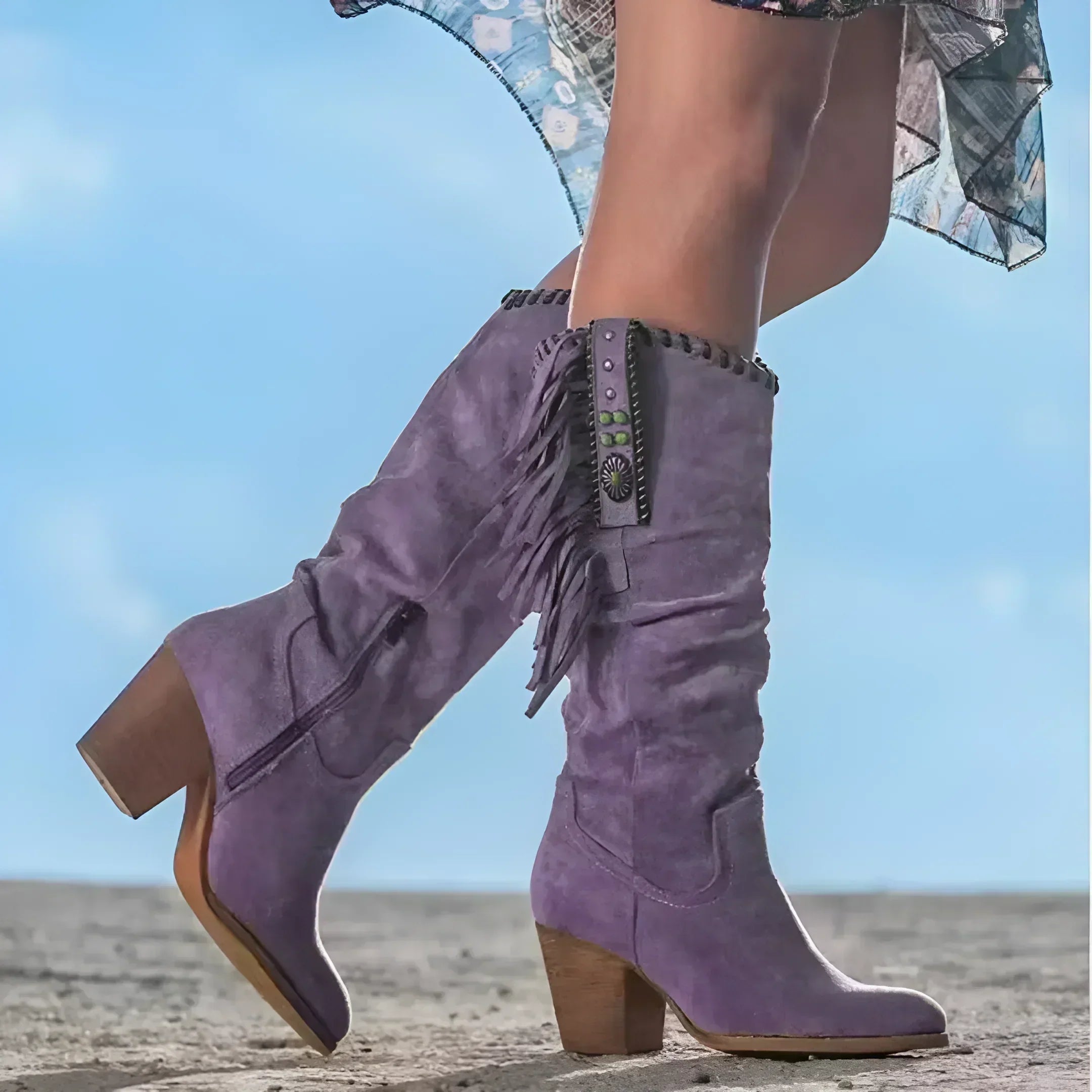 Western Fringe Boots – Suede Knee Boots with Chunky Heel & Tassel Details