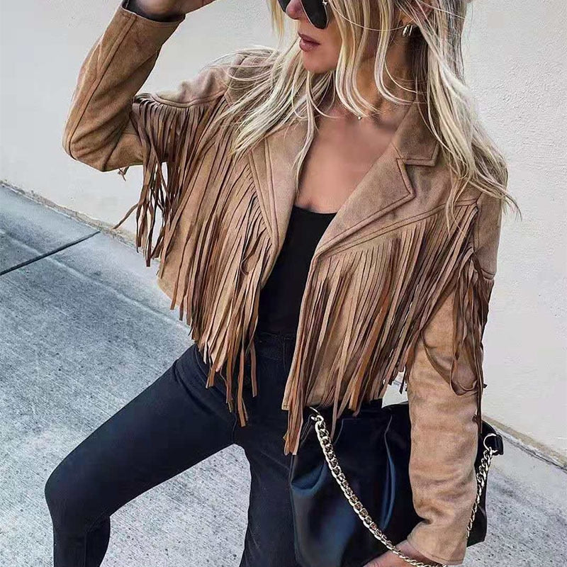 Suede Fringed Jacket – Women's Boho Chic Coat With Tassel Detail