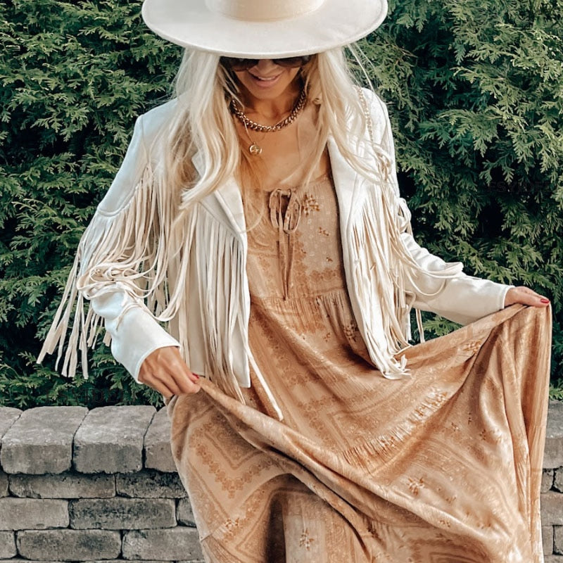 Suede Fringed Jacket – Women's Boho Chic Coat With Tassel Detail