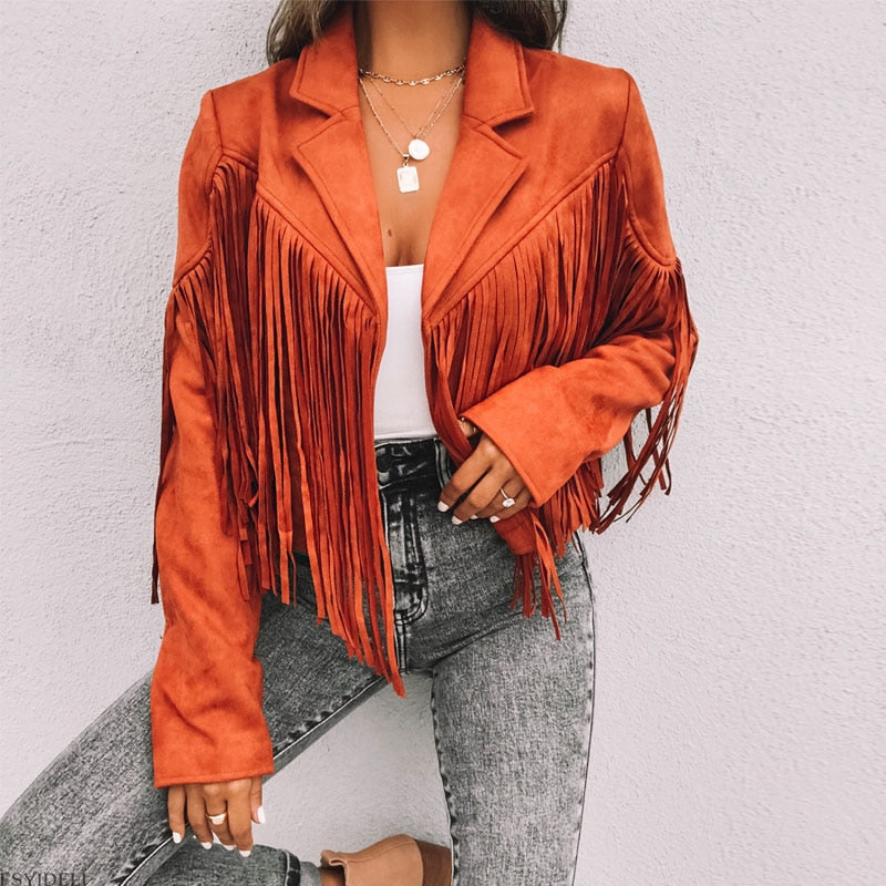 Suede Fringed Jacket – Women's Boho Chic Coat With Tassel Detail