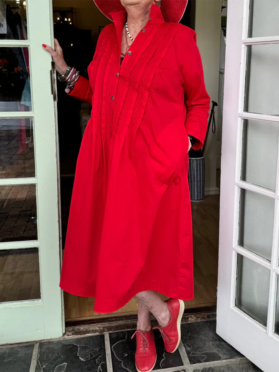 Accordion Pleated Dress - Cotton Linen Shirt Collar, Lightweight Summer Casual