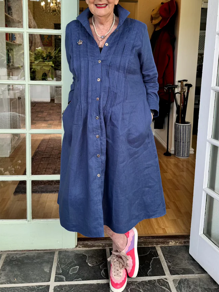 Accordion Pleated Dress - Cotton Linen Shirt Collar, Lightweight Summer Casual
