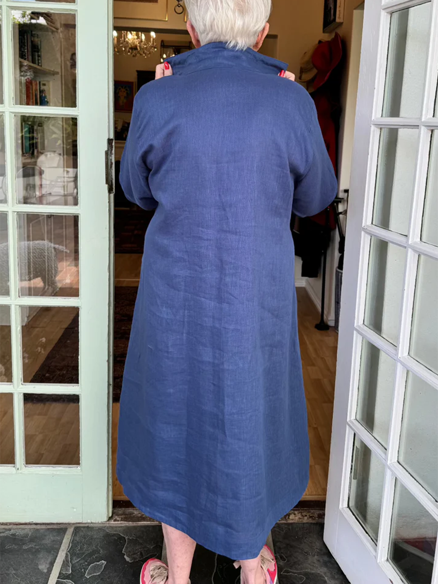Accordion Pleated Dress - Cotton Linen Shirt Collar, Lightweight Summer Casual